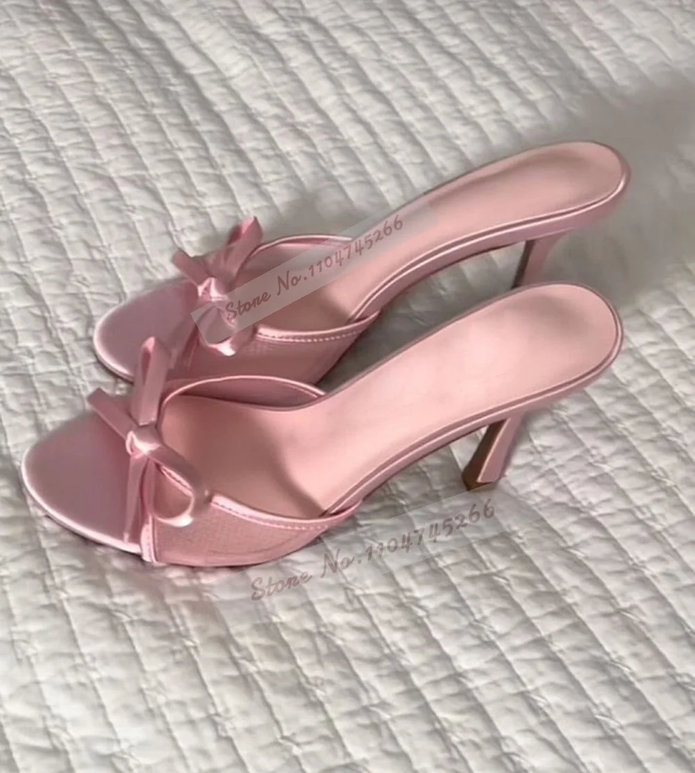 

Pink Air Mesh Butterfly-Knot High Heel Mules Elegant Satin Bowtie Slip-On Modern Slippers Outside Stilettos Dress Shoes