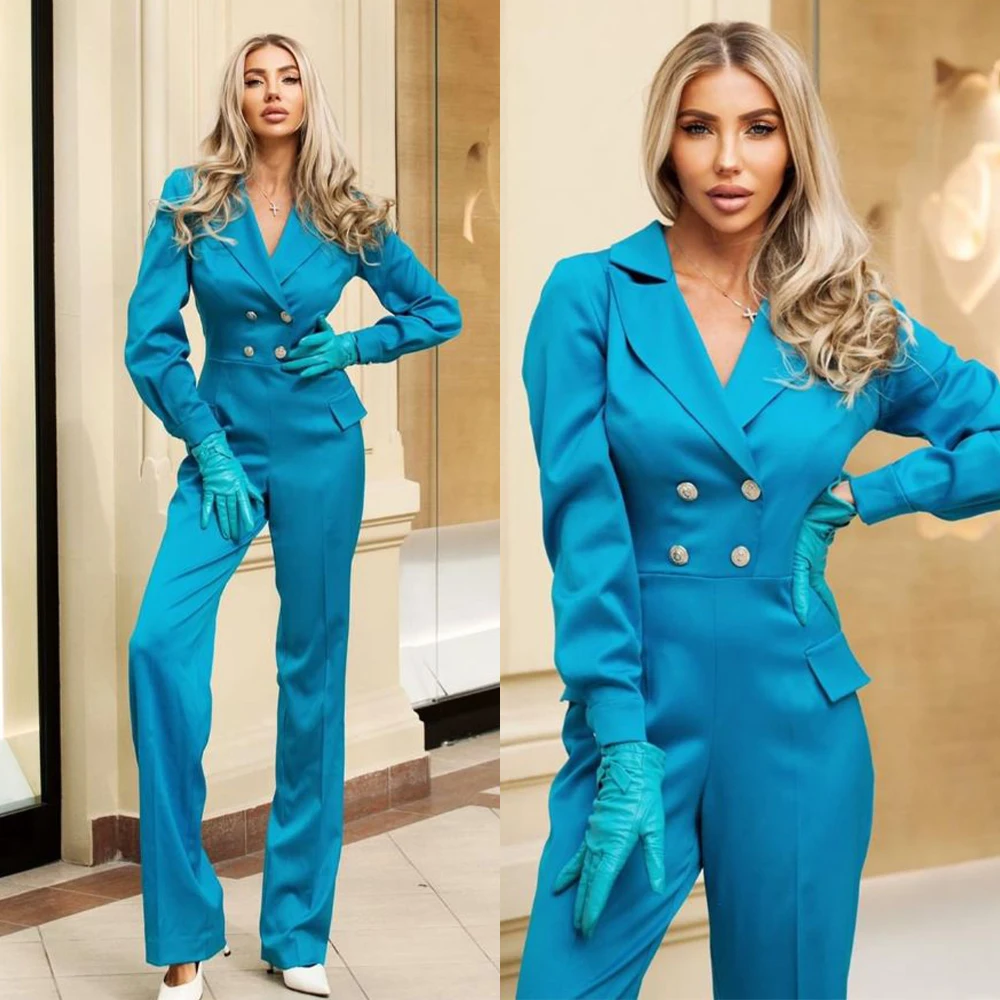 

Fashion Women Jumpsuits Jacket Blue Peaked Lapel Double Breasted Set Flare Trousers Daily Power Party Dresses