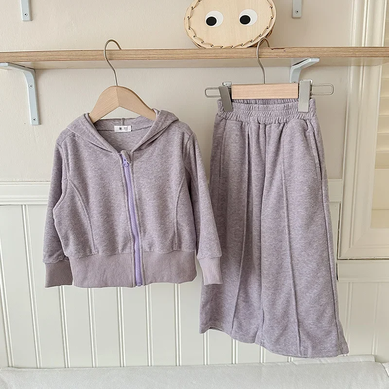 Set per bambini ragazza autunno nuovo maglione con cappuccio bambino maniche lunghe alla moda semplice 2024 punto aperto cerniera solida allentata