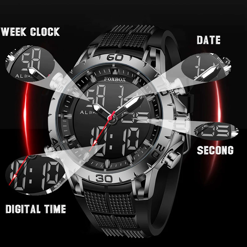 FOXBOX sports luxury men\'s watch brand dual display quartz watch Gift for men military waterproof clock digital electronic watch