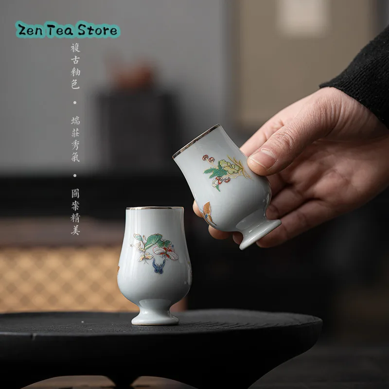 Sample Tea Cup Tall Tea Cup Handmade Home Ceramic Tracing White Gold Trumpet Personal Cup Smelling Cup Kung Fu Tea Set