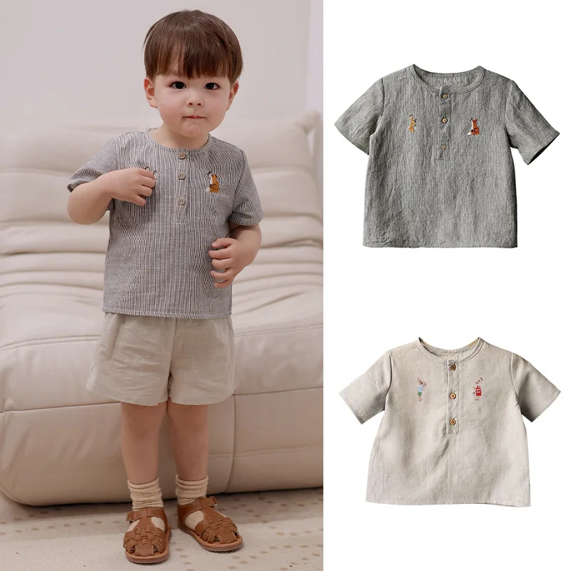 2024 Clibeso Summer New Children\'s Loose Cotton Linen Top Boys\' Solid Color Shirt Long Sleeve Embroidered Animals Kids Clothes