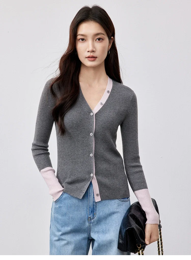 SENTUBILA Slim Spliced Cardigan for Women 2025 Spring Cashmere Blend V Neck Spliced Long Sleeve Casual Knitwear Tops W51H57697