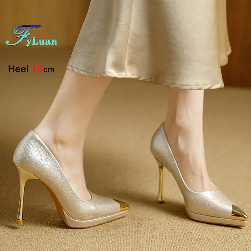 

2026 Spring Autumn Champagne Color Women Shoes Thin Heels 10cm Shallow Mouth Metal Pointed Toe Ladies Pumps Banquet Single Shoes