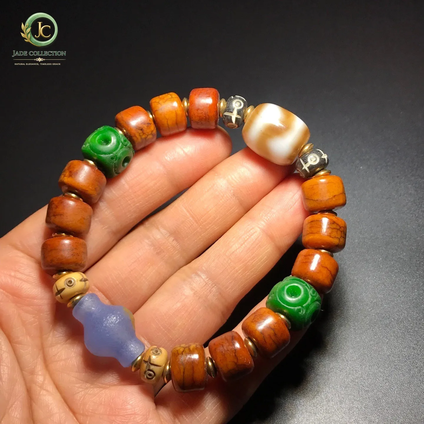 Unique Tibetan Old Agate dZi Multiple totems Tiger Teeth Beads Bracelet J0320