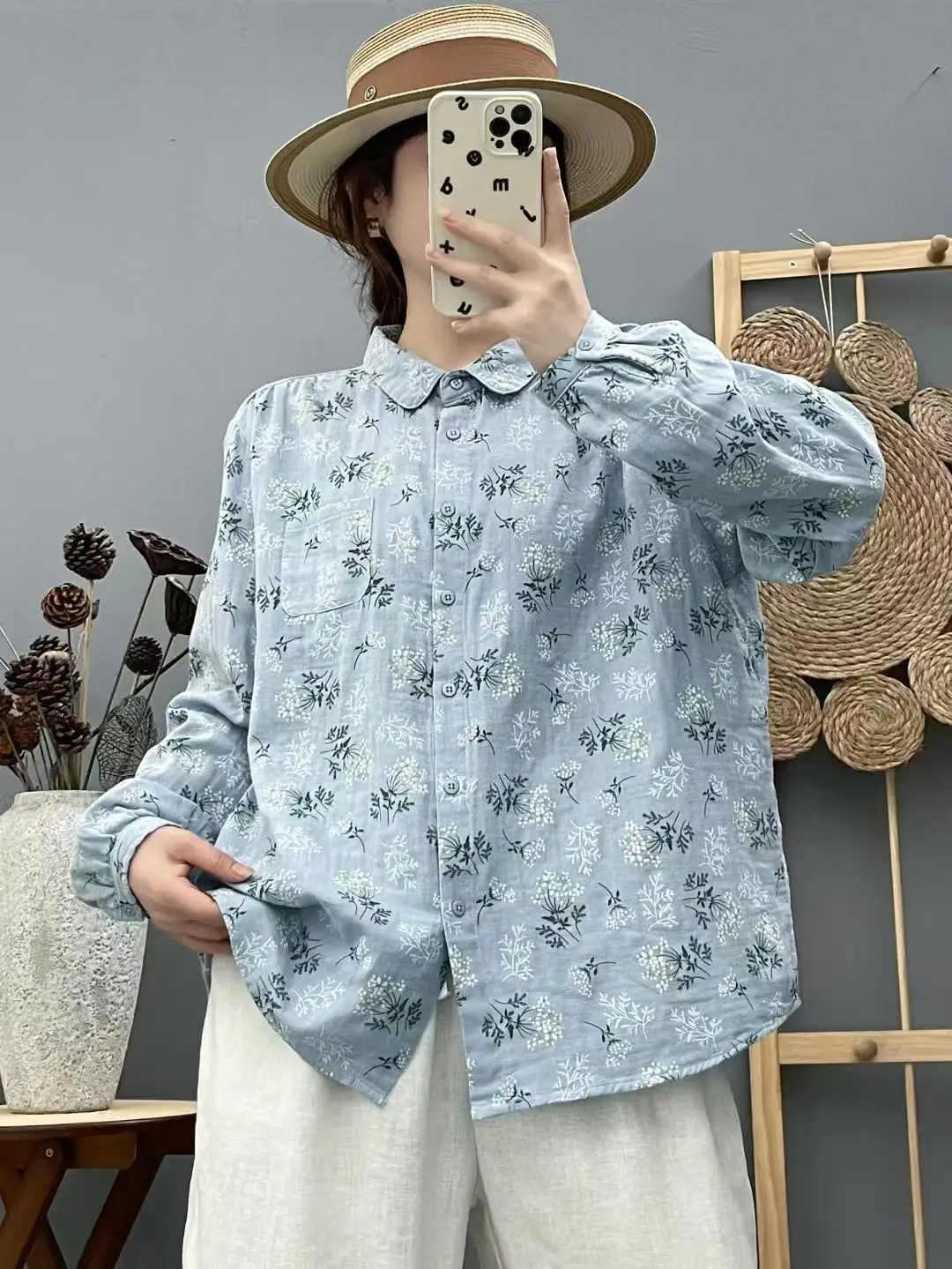 جديد 2025 قميص خريفي بأكمام طويلة من غزل القطن ، طباعة ياقة مقلوبة للسيدات ، بلوزة فضفاضة أنيقة من Mori Girl Sweet Prairie T58023CC