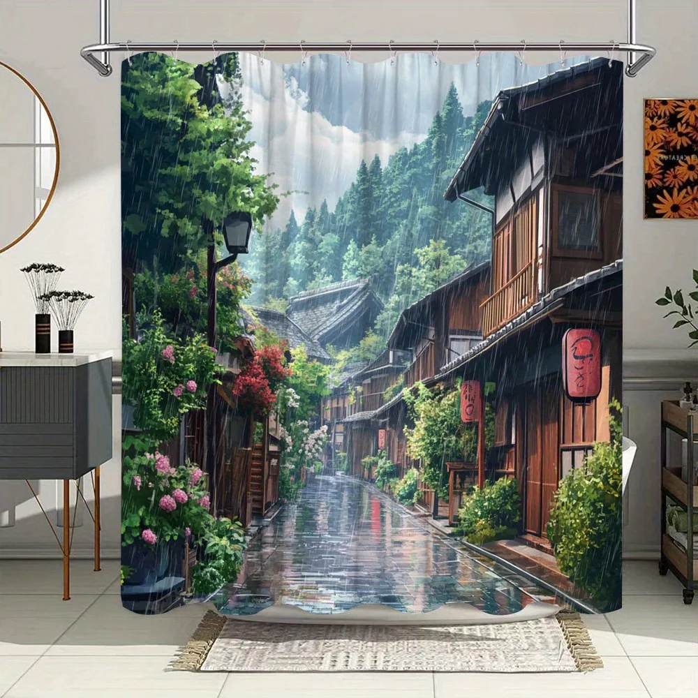 Japanese Village Anime Shower Curtain, Wood Buildings & Red Lanterns, Polyester,12 Hooks, Tranquil Bath Decor