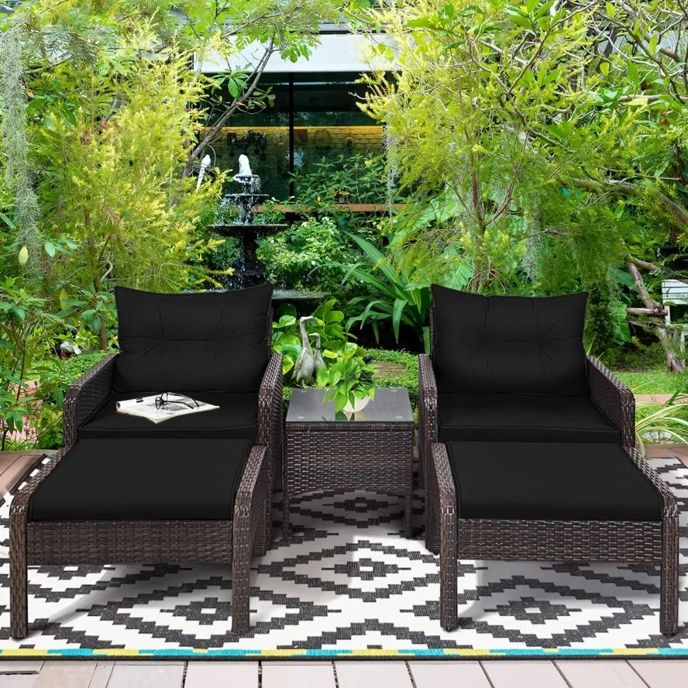 

5 Pieces Wicker Patio Furniture Set, Outdoor Sectional Wicker Conversation Set with 2 Ottomans & Tempered Glass Top Coffee Table