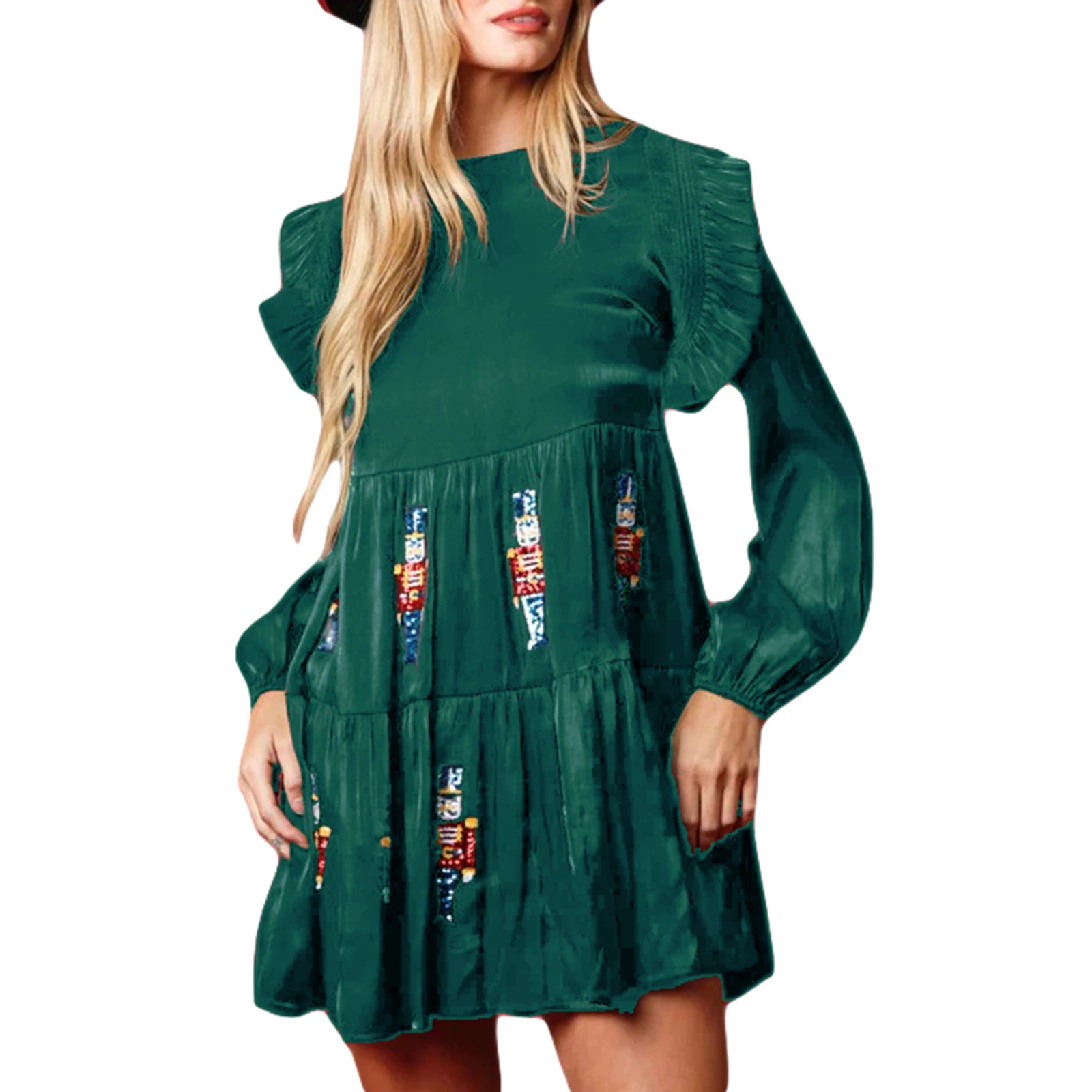 Womens Christmas Laple T-Shirt Dress Sequin Nutcracker Sweatshirt Y2k Sparkle Holiday Party Tiered Shirt Mini Dress