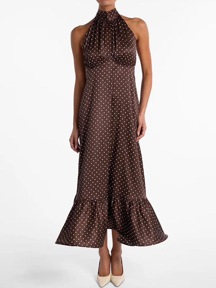 

Oniflyme Polka Dots Sleeveless Maxi Dress Women Fashion Robes Halter Backless Bodycon A-Line Dresses Streetwear Party Vestido