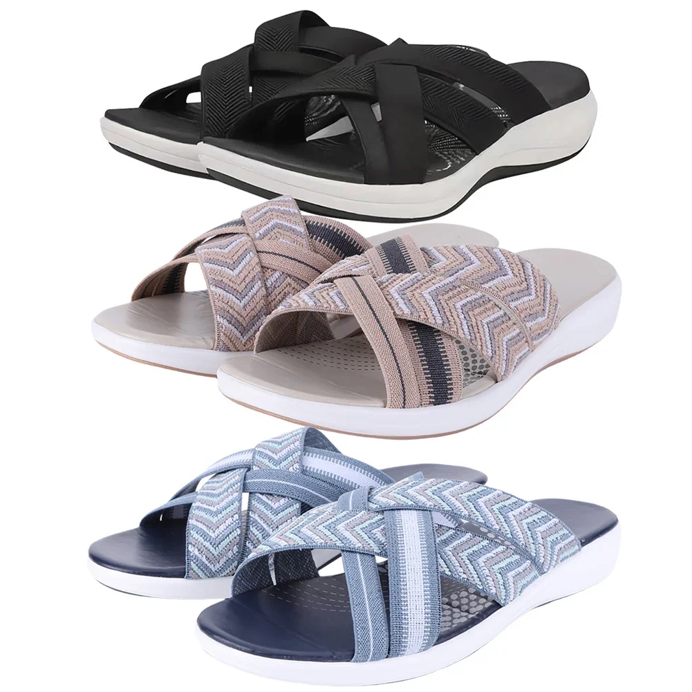 Women Thick Cushion Slippers Wide Width Cross Strap Slip On Slides Beach Sandals Lightweight Platform Wedge Sandals for Summer