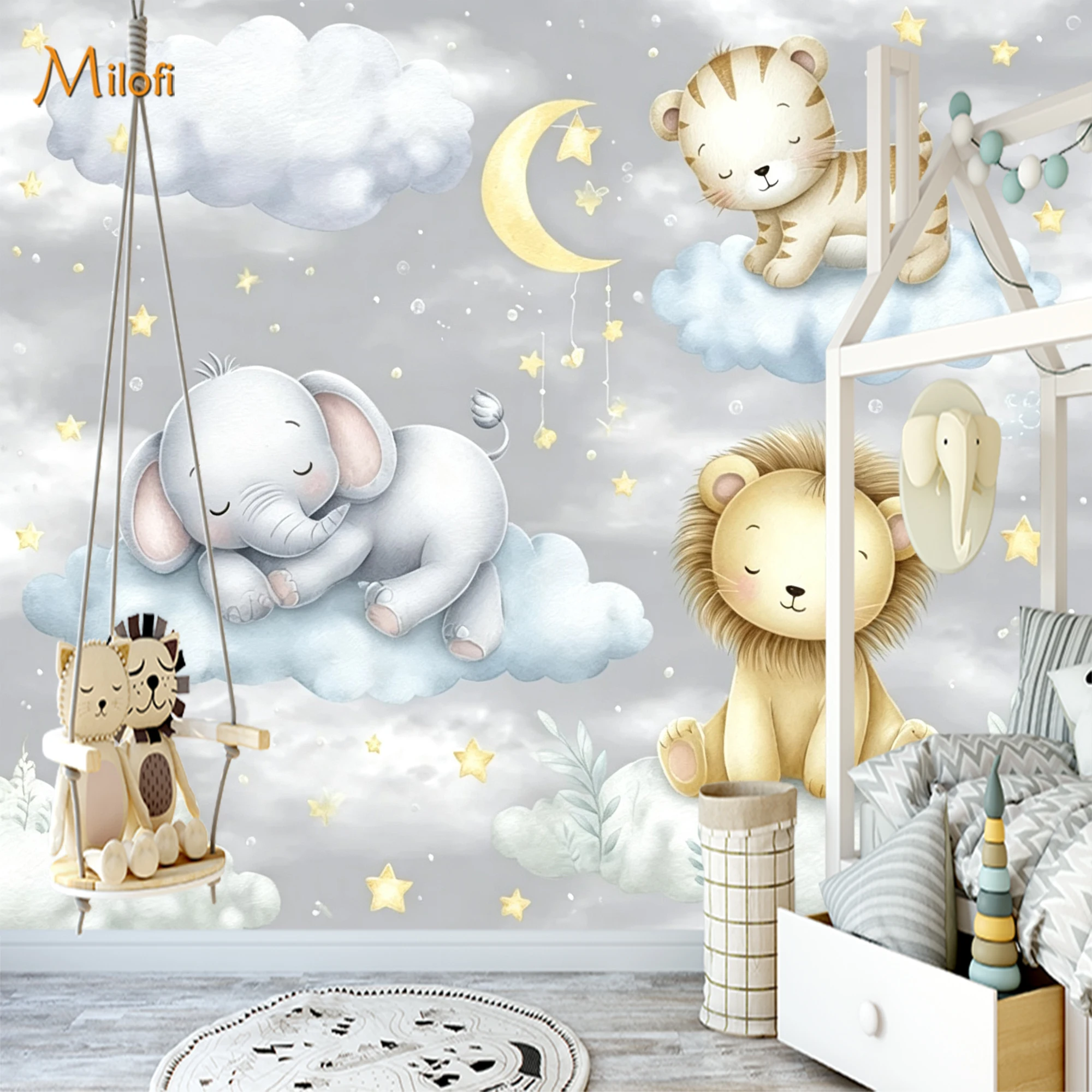 Custom Watercolor Sleeping Baby Animals Wall Mural Elephant Lion Tiger Cloud Moon Star Wallpaper Kids  Peel and Stick Decor
