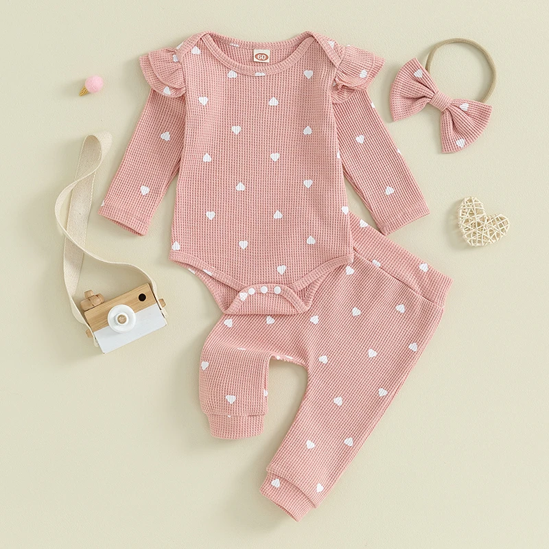 Baby Girl Valentines Day Outfit Heart Print Long Sleeve Romper Pant Headband Set Newborn Infant Cute Going Home Outfit