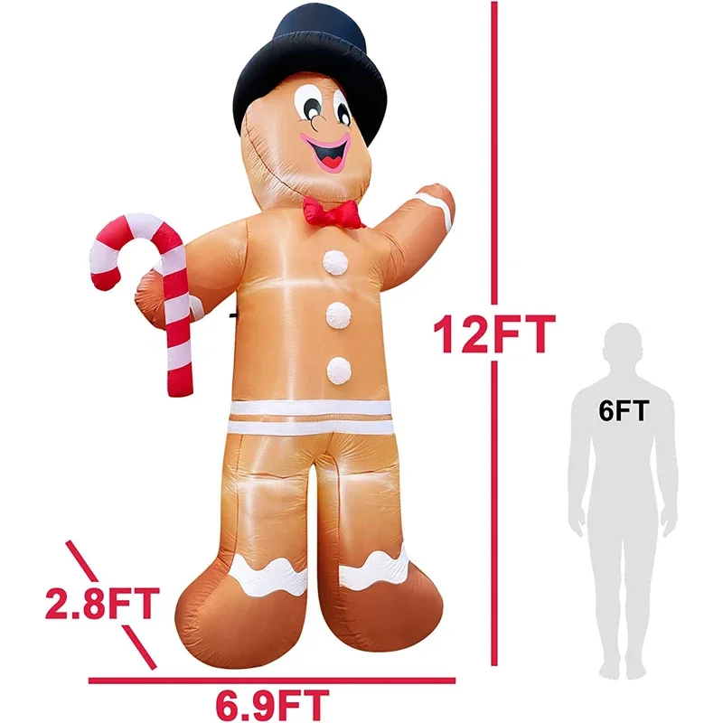 12 Foot Giant Christmas Inflatable Gingerbread Man Outdoor Christmas Decoration with Candy Cane LED Lights Yard Home Party Decor