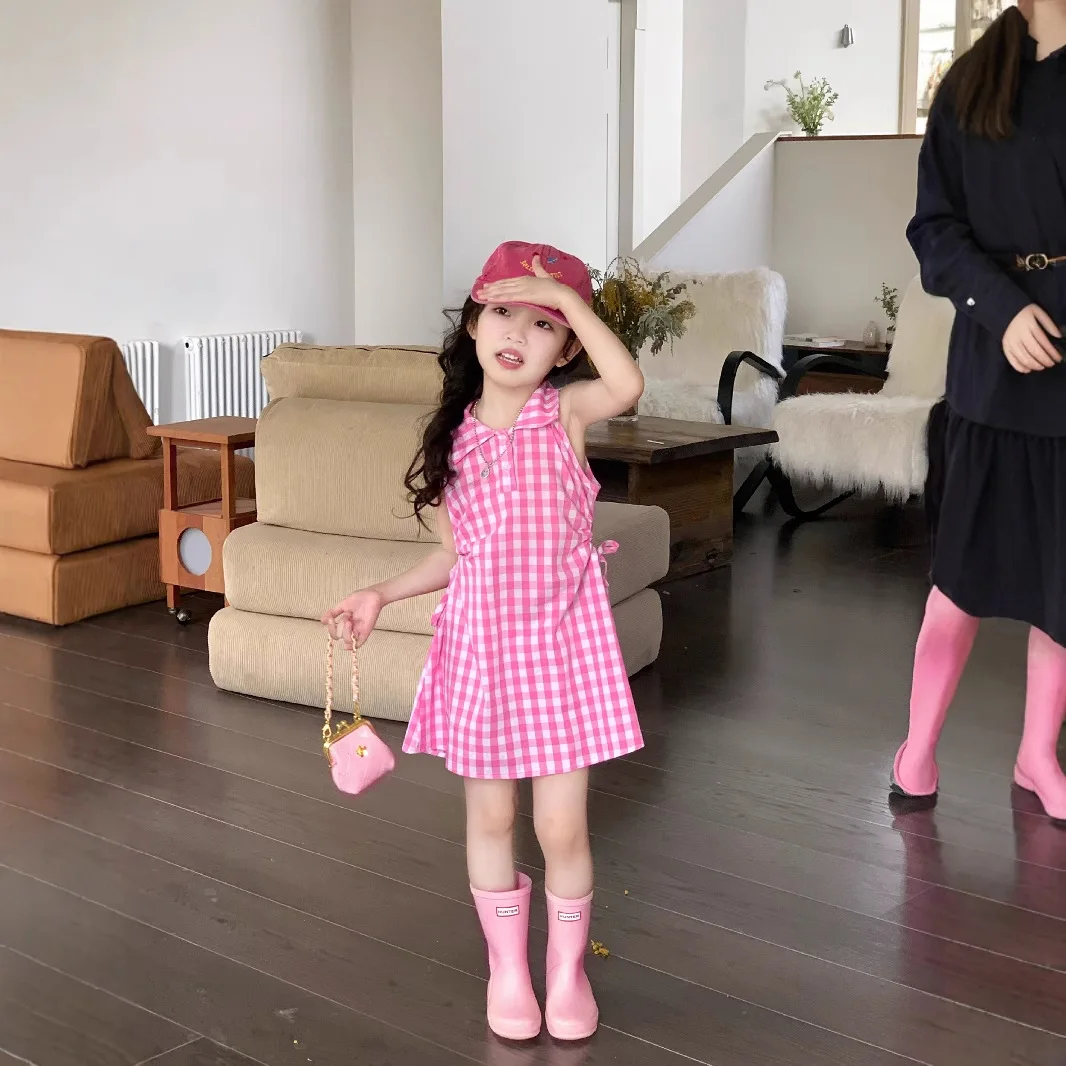 

2025 Girls Summer Korean Dress Stylish Design for Baby Girls Pink Turn-down Collar Plaid Princess Vest Dress