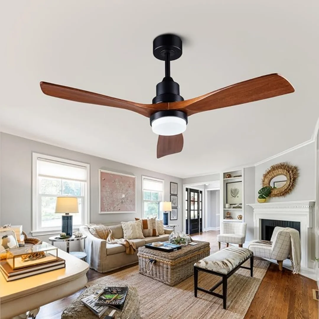 42 52 60 Inch Solid Wood Ceiling Fan with Lights Remote Control Quiet DC Motor 3 Wooden Blade Fans Vintage Industrial