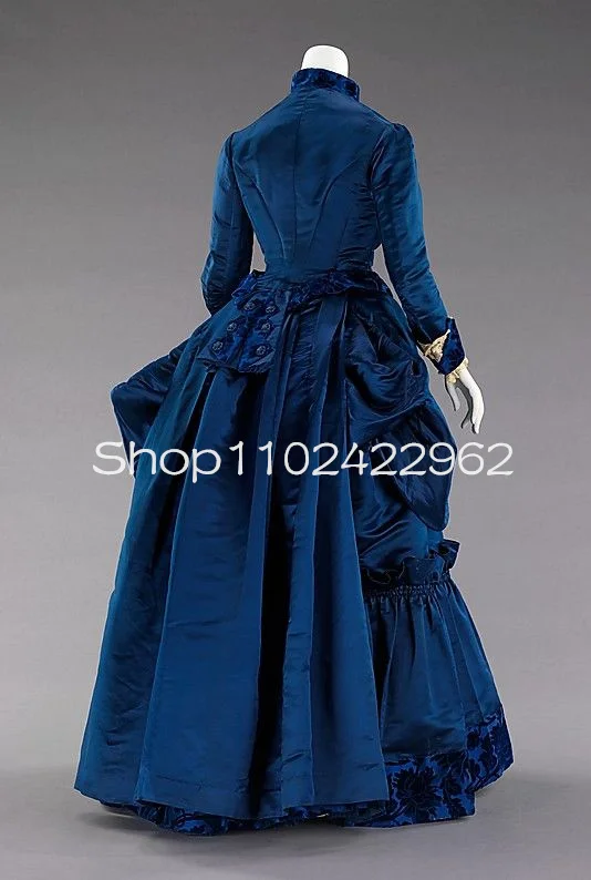 Robe de Bal en Velours à Manches sulfet Col Haut, Tenue de Soirée Victorienne, Vintage, Bleu Marine