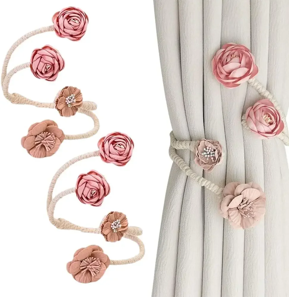 2 Packs Handmade Artificial Flower Curtain Holdbacks Clips, Flexible Curtain Tiebacks Clips Twist Bough Flower Curtain Tie Back
