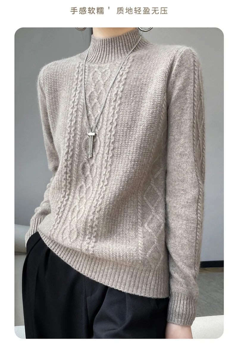 Neue Frühjahr Gestrickte Pullover Halb Hohen Kragen Lose Dicke Warme Pullover Für Frauen Vintage Wolle Herbst Winter Mutter Bodenbildung Top – Detail 6