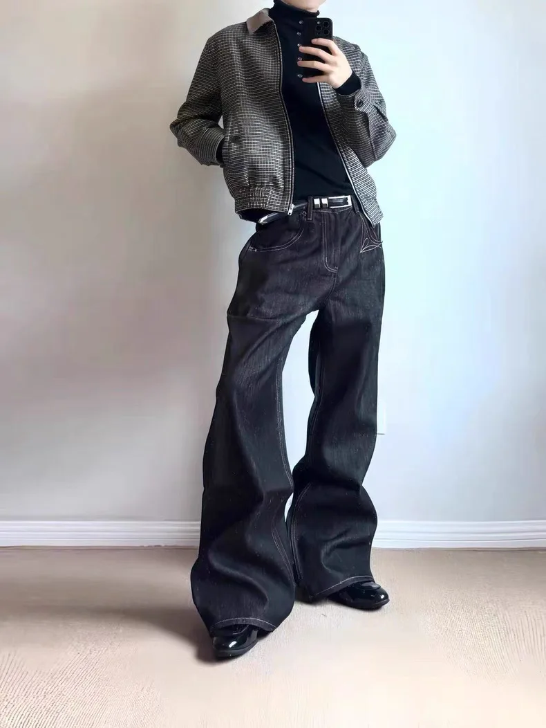 

Gang Embroidered Pattern Narrow Original Cow Straight Leg A-Line Loose Suede Denim Long Pants Machine Embroidered mid Waist S...