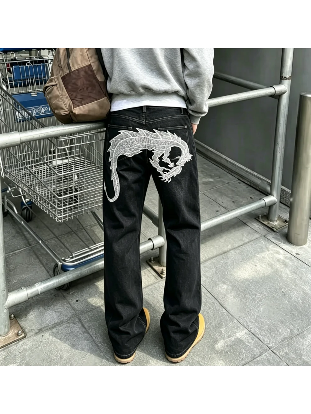 2026 New Dragon Embroidered Retro Cowboy Loose Wide Leg Pants Back Big Dragon Street Trendy Hip Hop Straight Leg Pants Unisex