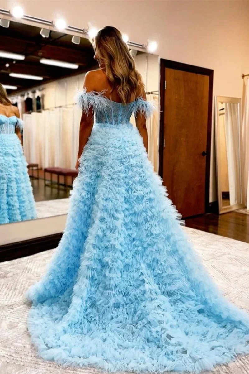 Customized Sky Blue Off Shoulder Ball Dress Front Fork Feather Stickers Birthday Dress Formal Party Evening Dress