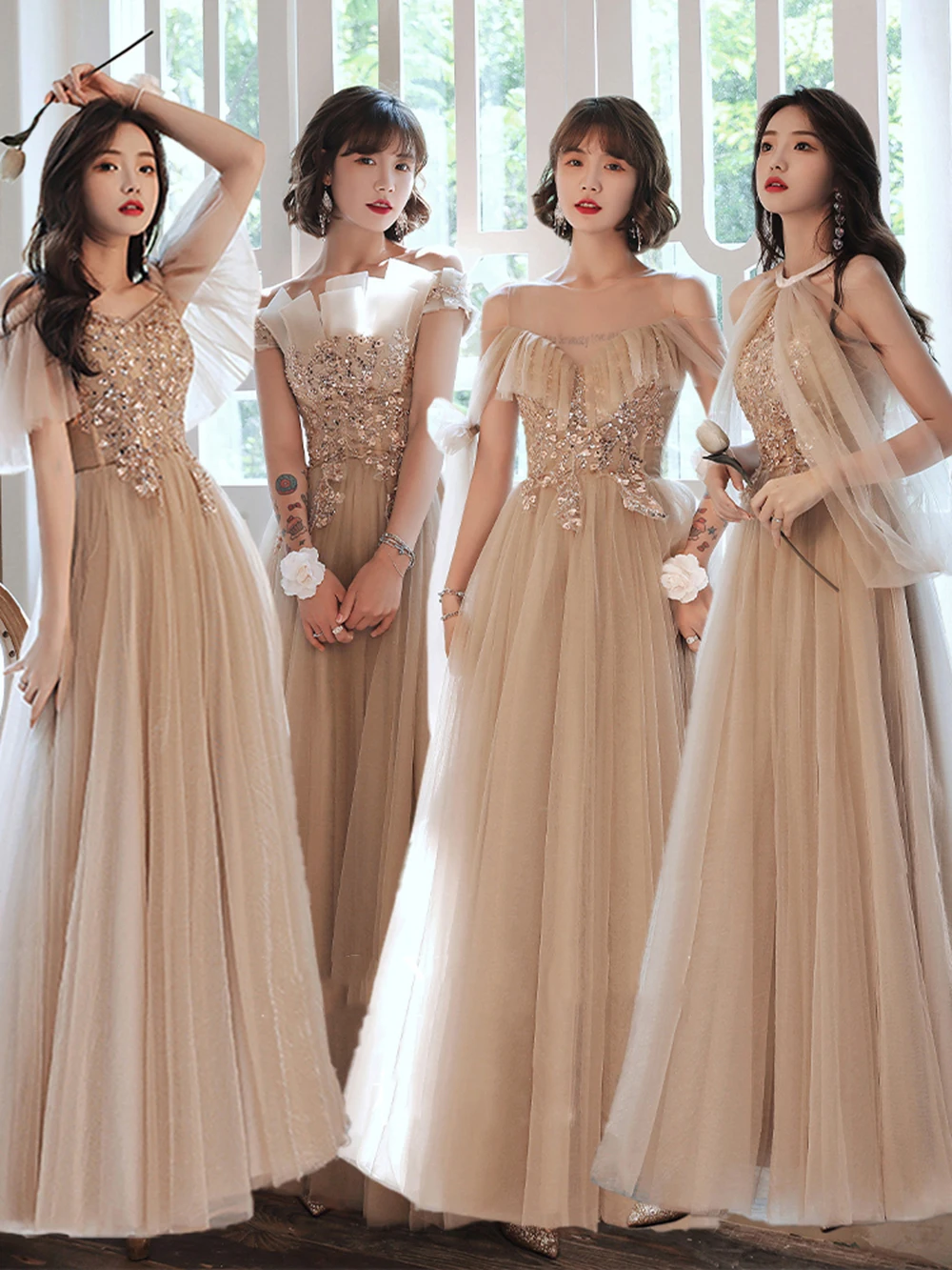 

Elegant 4 Styles Champagne Bridesmaid Dress Women High Quality Appliques Off Shoulder A-Line Prom Gown Sisters Party Vestido