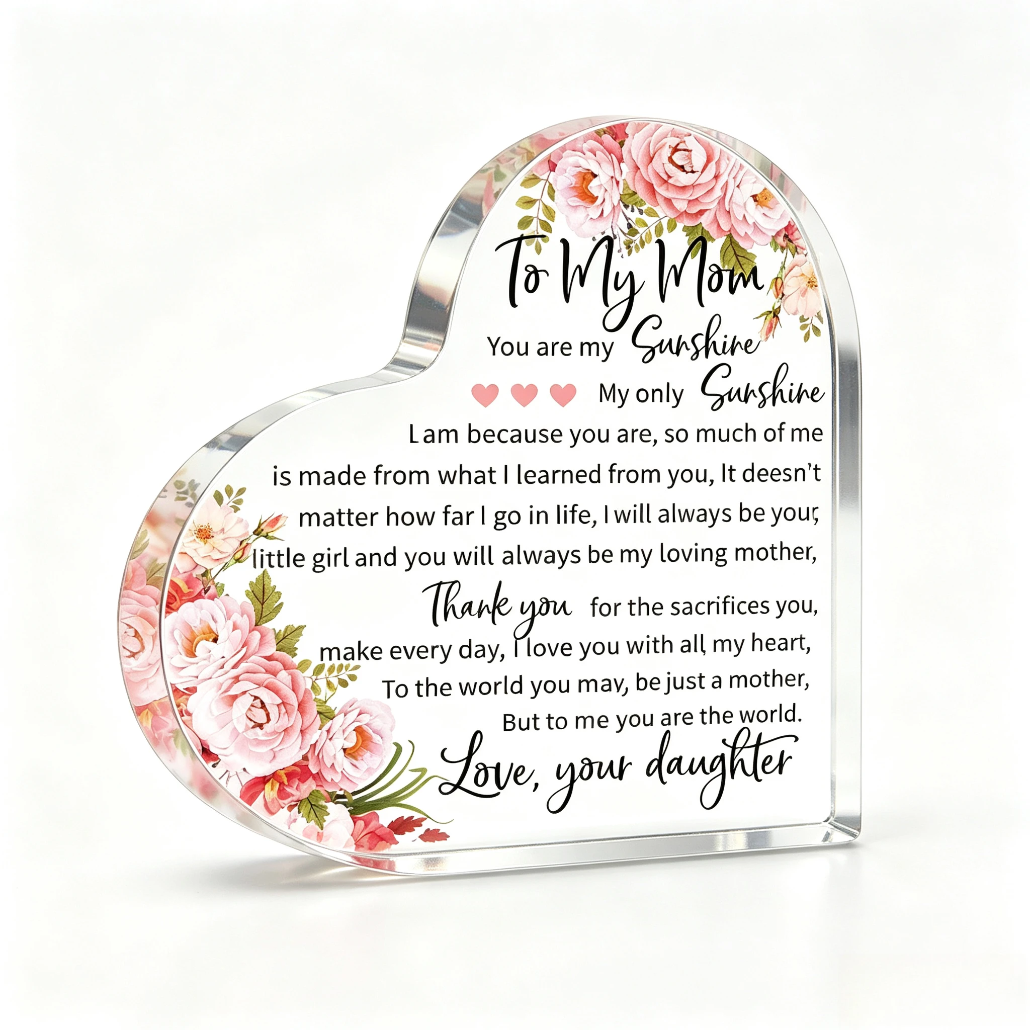 To My Mom Heart‑Shaped Acrylic Plaque, Pink Peony Floral Sentimental Gift from Daughter