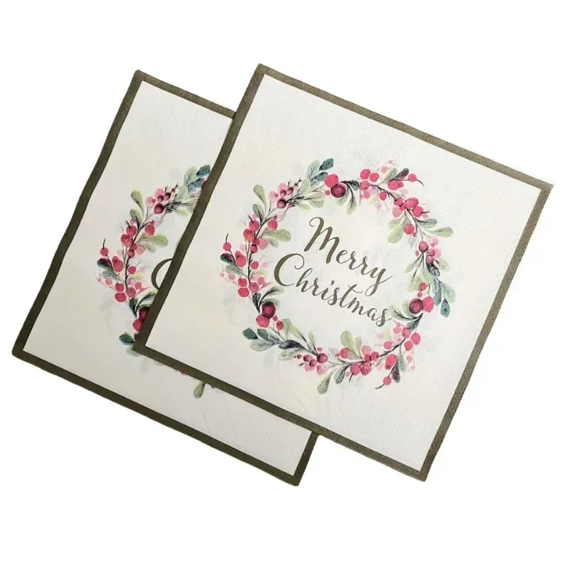 20 قطعة 33*33 سنتيمتر 2-Ply الأحمر التوت إكليل عيد الميلاد المناديل الطرف ورق تزيين عيد ميلاد سعيد ورق مطبوع المفارش