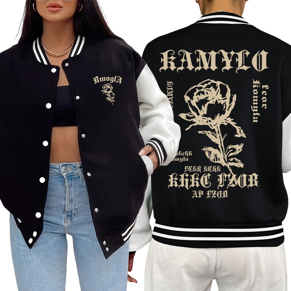 

Originality Rose Art Fonts Pattern Couple Baseball Jersey Casual Loose Clothing Pocket Autumn Jacket Button American Jackets