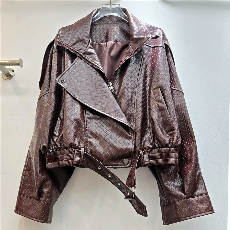 Streetwear Fashion Women Short Faux Pu Leather Jacket Spring Autumn New Loose Casual Lapel Long Sleeve Female Biker Jacket Coat