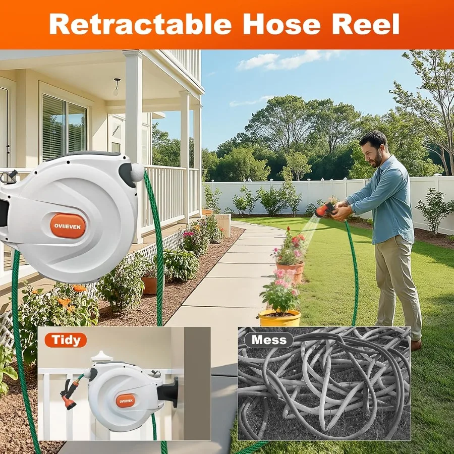 Carrete de manguera de jardín retráctil, manguera montada en la pared de 1, 2 pulgadas x 100 pies para uso en patio y jardín al aire libre, soporte giratorio 180 con Bu