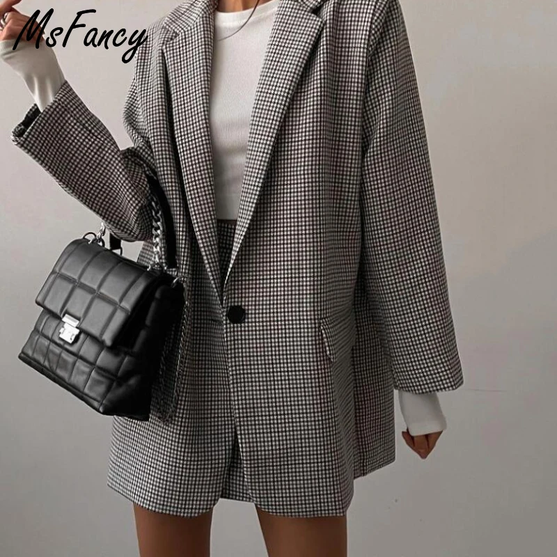 Msfancy Plaid Suit Women 2022 Fashion Vintage Blazer Skirt Set Mujer Spring Casual Tailleur Femme Mini Skirt 2 Piece Set