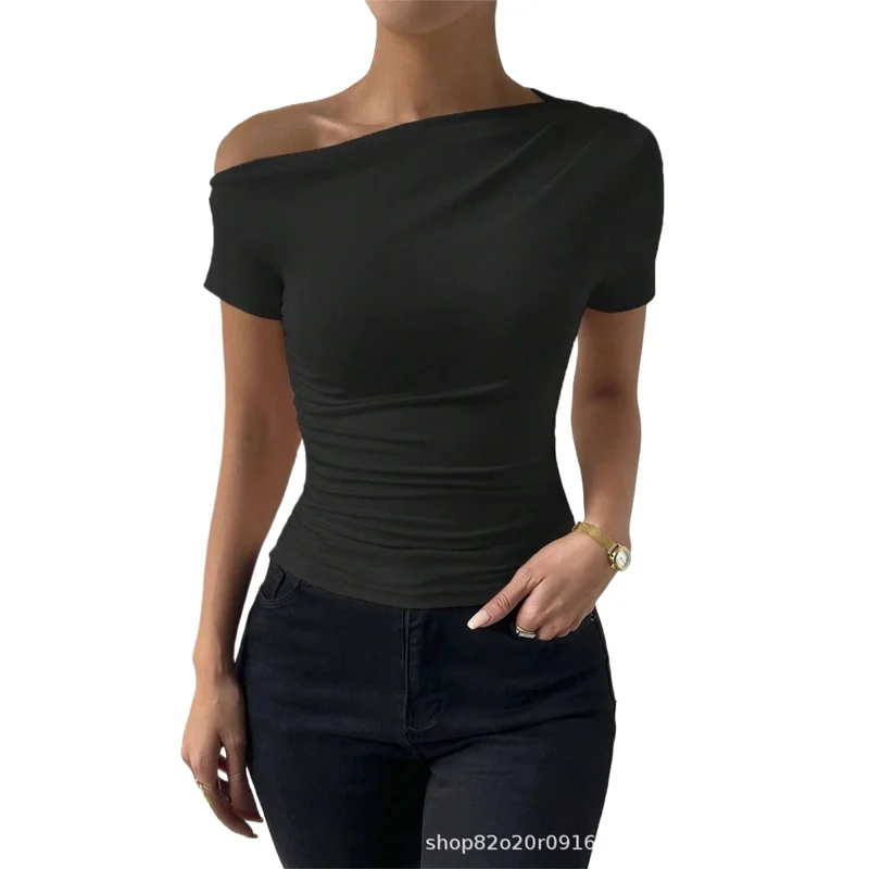 

2025 Spring Summer Women's New Sexy Off Shoulder Short-sleeved T-shirt Round Neck Slim Fit White Black Solid Top Basic T Shirt