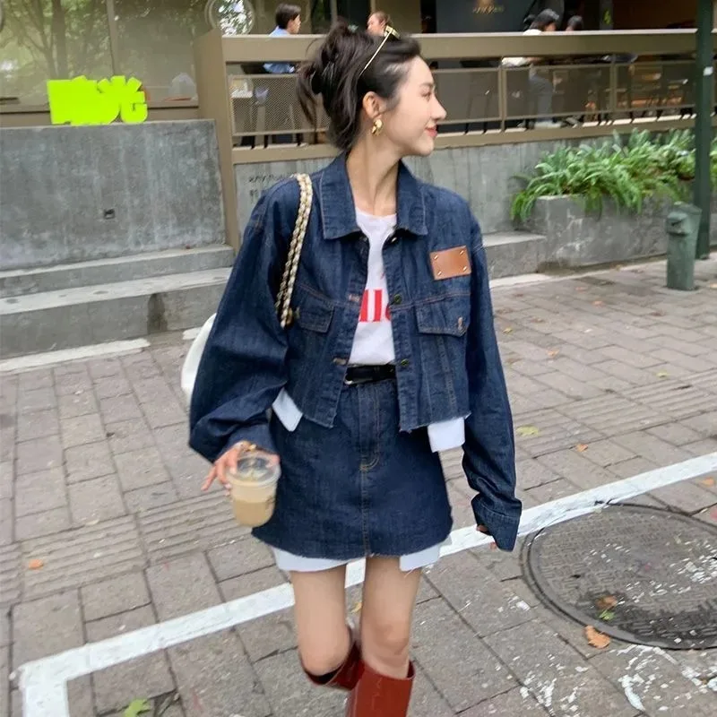 Retro Denim Jacket Patchwork A-line Skirt Two-piece Set Women Fashion Lapel Tassels Korean Temperament College Spring Lady Suit