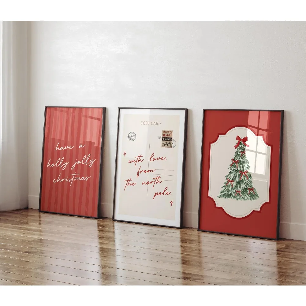 Frameless Fashion Holiday,Christmas Tree with Red Bow Print,Christmas Postcard Poster,Holly Jolly Print Living Room Decoration
