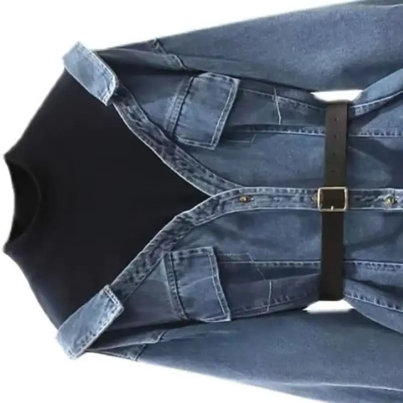 

2025 модный дизайн, поддельные две джинсовые куртки, женские весенне-осенние повседневные ковбойские топы, джинсовая рубашка, куртки, женское джинсовое пальто