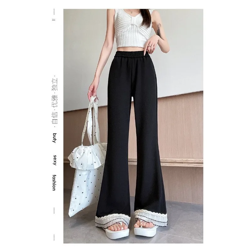 Women's High-Rise Flared Pants Tall Size Ruffled Cuff Wide-Leg Trousers