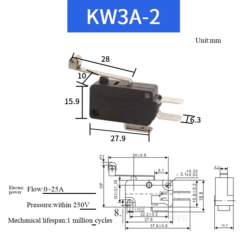 KW8-Serie Kupferkontakt Fußbreite 6,3 mm Großer Mikroschalter mit großer Schaltweglänge Mikro-Tastendruckschalter – Detail 8