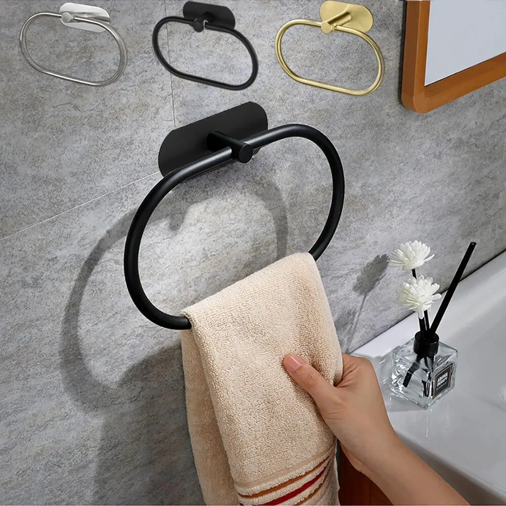

Stainless Steel Towel Holder Self-adhesive Bathroom Towels Rack Black Washhand Hanger Ring Rail Bar Kitchen Storage 2030