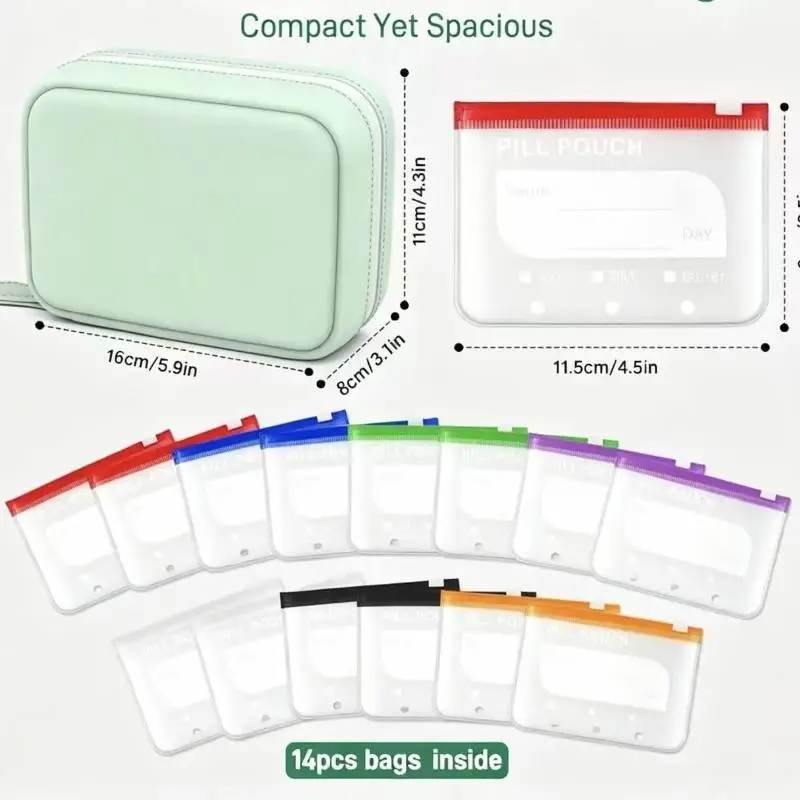 Waterproof Weekly Medicine Box 7 Day Pill Organizer 7 14 Color Coded Pouches Twice Daily Large Travel Storage Case