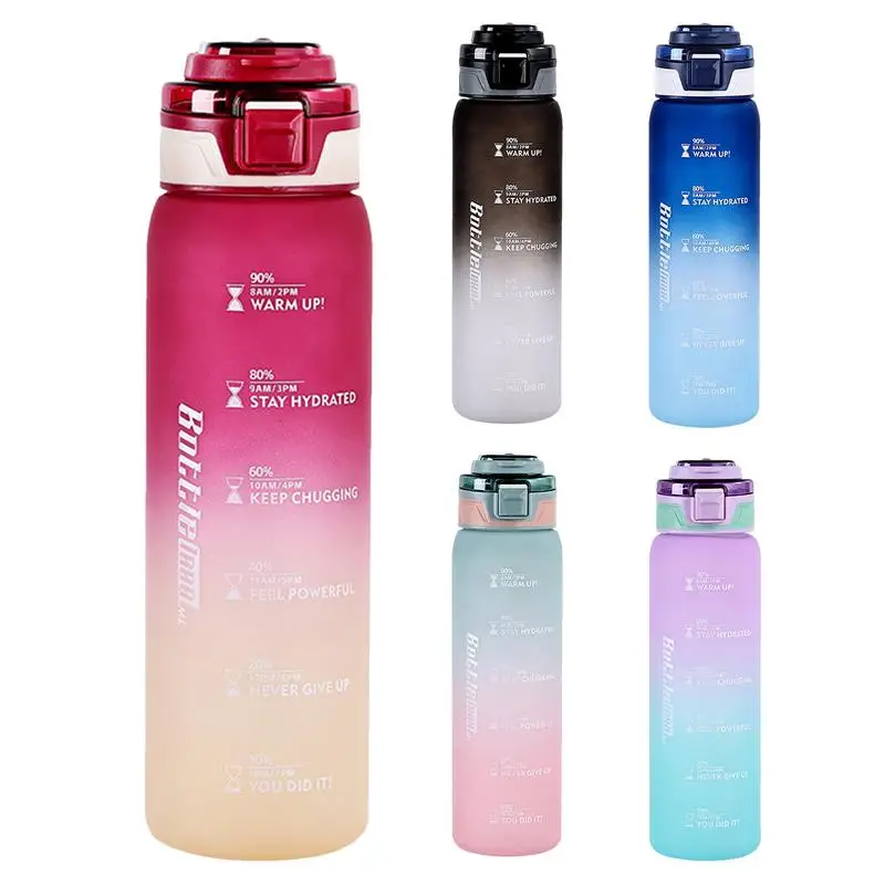 Water Bottle With Times Motivational Sport Water Bottle Straw Cup Rainbow Frosted Progressive Color Bottle For Outdoor Gym