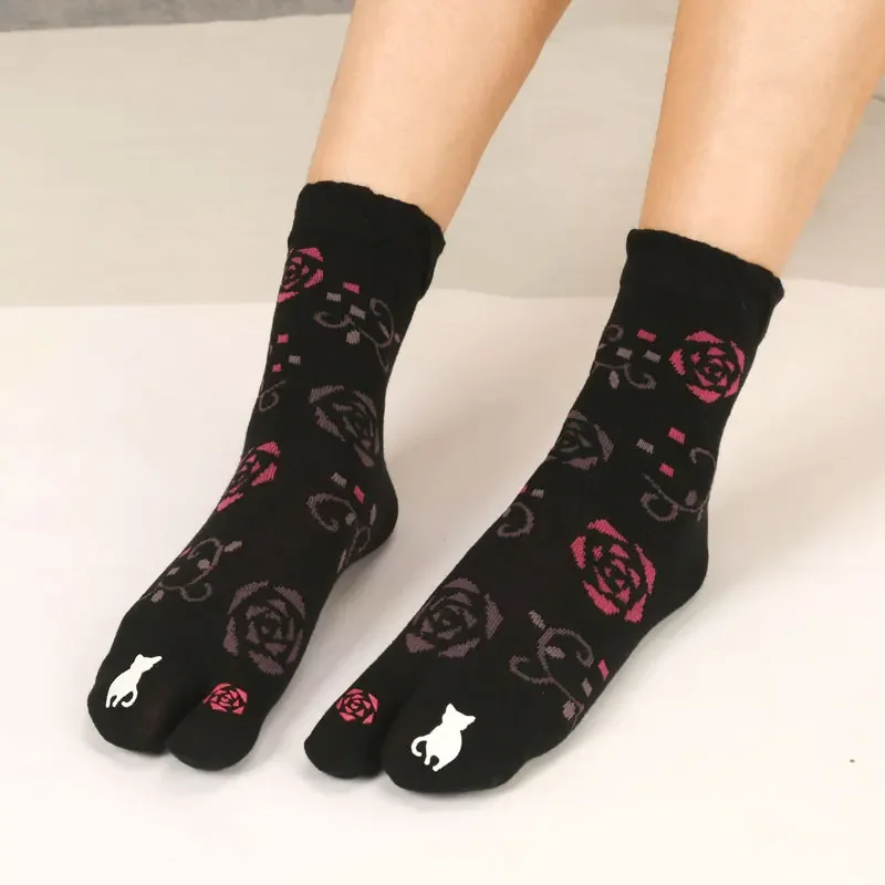 4 Pairs Japanese Style Two Finger Socks Flower 2 Toe Socks Cotton Medium Tube Women Ankle Socks
