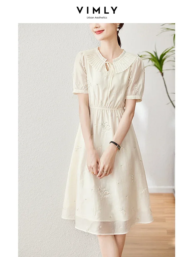 

Vimly Elegant Chic Women Dresses 2023 Summer Lyocell Embroidery Female Apricot Elastic Waist A Line Midi Swing French Tea Dress