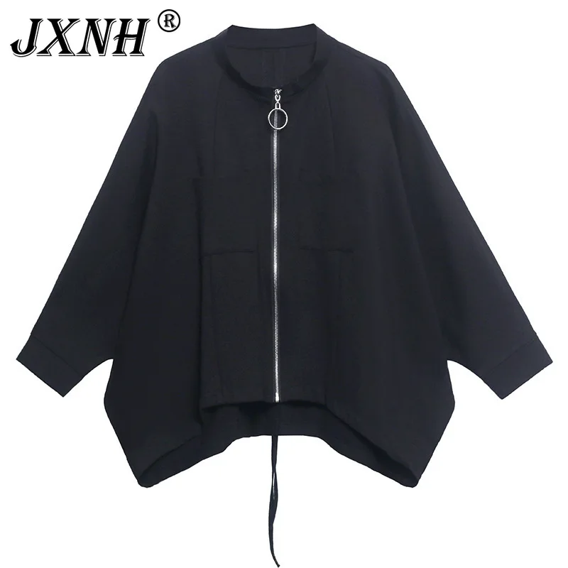 

Loose Fit Black Big Size Casual Jacket New Stand Collar Long Batwing Sleeve Women Coat Fashion Spring Autumn 2024