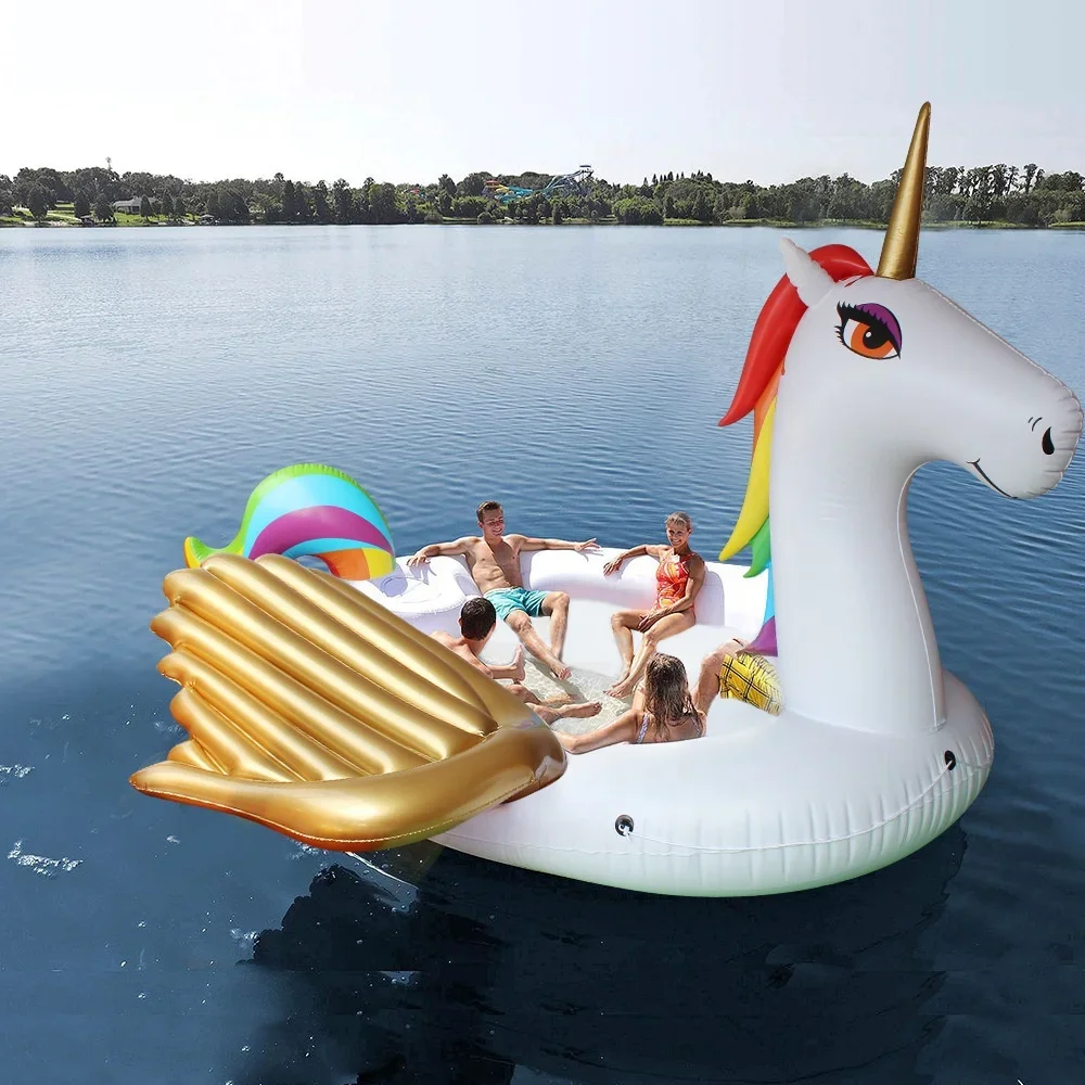 Nuovo enorme personalizzato Unicorn Party Island 6 persone galleggiante in acqua all'aperto 500 * 420 cm Isola galleggiante gonfiabile in vendita