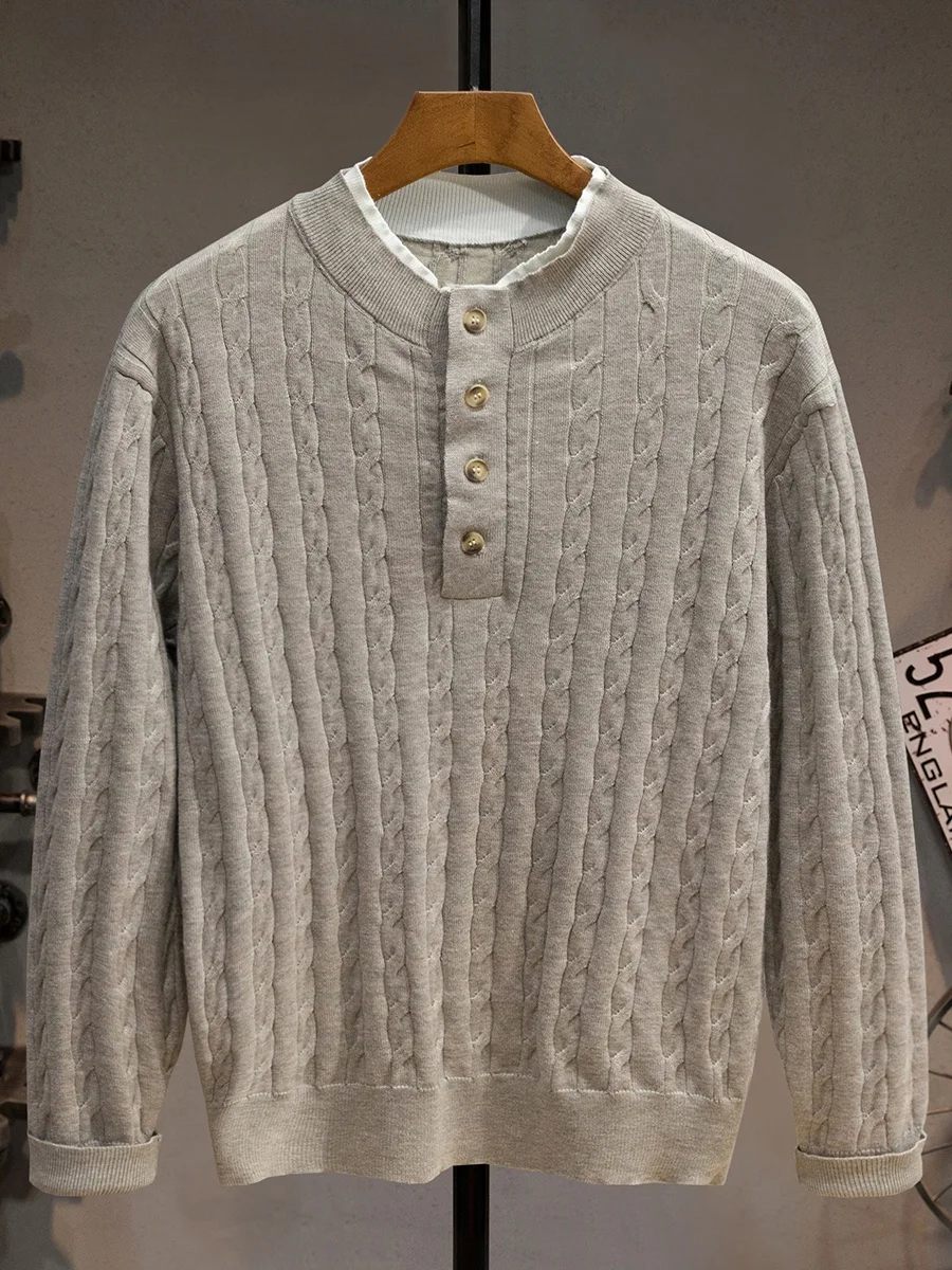 

Удобный мужской вязаный свитер с эффектом двухслойности, воротником Хенли, из смесовой шерсти, мягкий, эластичный, в стиле ретро-преппи, повседневный, с длинными рукавами