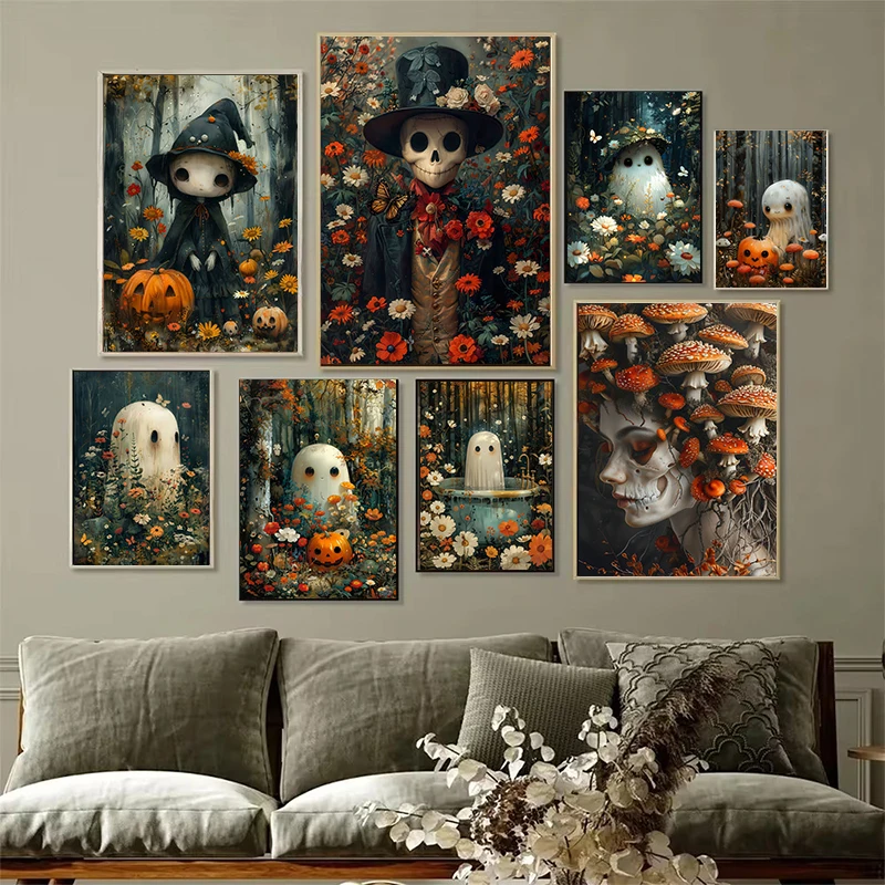 Cute Pumpkin Ghost in Bathtub Poster Prints Dark Academy Gothic Halloween Vintage Canvas Printing Wall Decor Home Room Decor