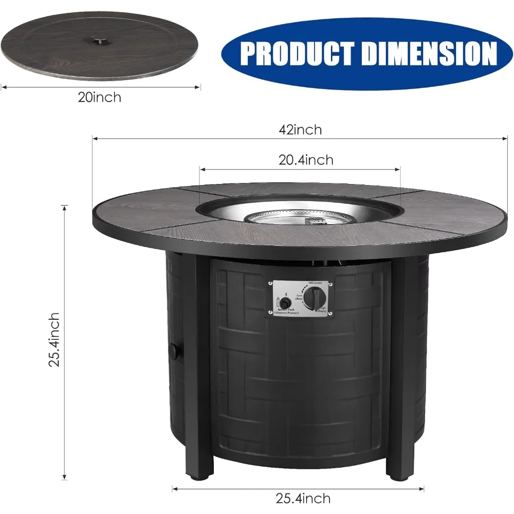 

«42-дюймовый стол для костра на пропане с автоматическим зажиганием емкостью 50 000 БТЕ, костра для уличного патио, водонепроницаемым чехлом, синим огненным стеклом и Co