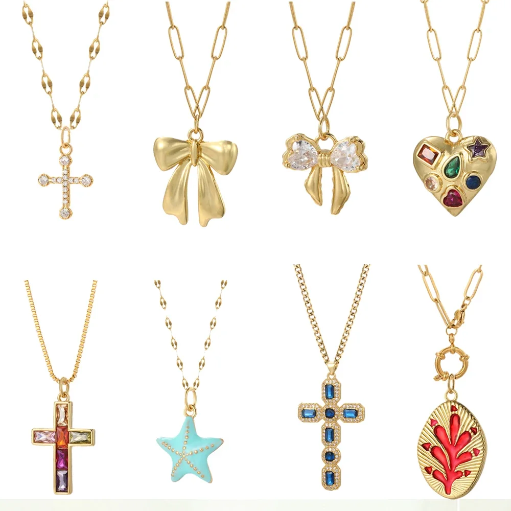 Cute Sea Star Shell Diy Necklace for Women Long Stainless Steel Chain Pendant Bow Heart Cross Choker Gold Color Y2k CollarsDijes